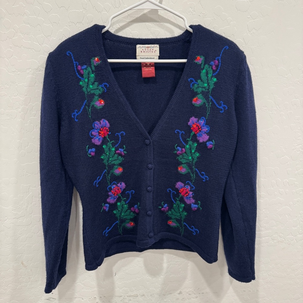 Susan Bristol Wool Cardigan Sweater Womens Medium Floral Embroidery Knit Grandma